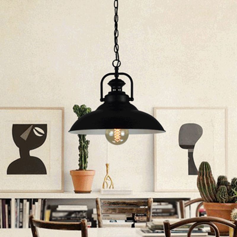 1 lampe suspendue à la tête recouvrement de pot vintage pendentif éclairage en métal avec poignée en noir extérieur et blanc intérieur