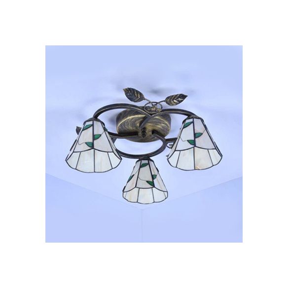 Geometric Ceiling Light Fixture with Pattern Tiffany Stained Glass 3 Lights Flushmount Ceiling Light in Bronze