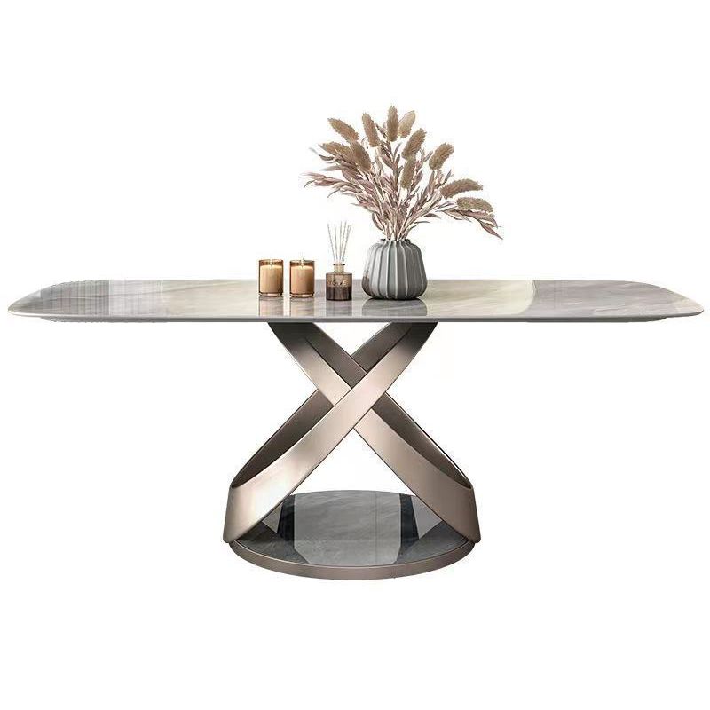 Ensemble de restauration gris en pierre fritrée moderne avec table rectangle et base de piédestal à la maison Utilisation