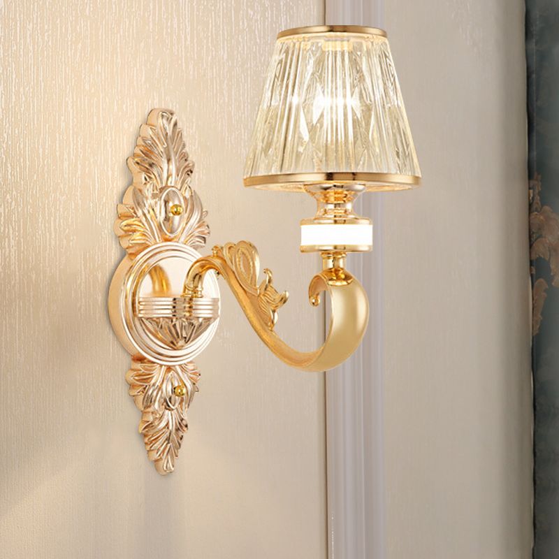 1/2-Head Wall Sconce Modern Bedside Wall Light Fixture with Cone Crystal Shade in Gold