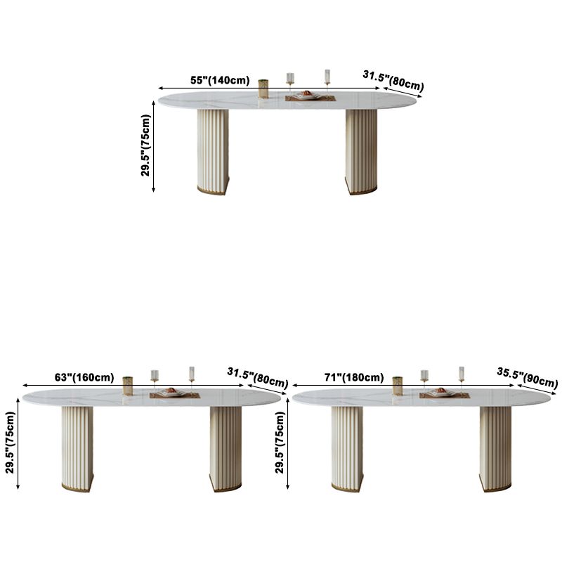 Mesa de comedor ovalada de lujo tradicional mesa sinterizada con pedestal doble blanco