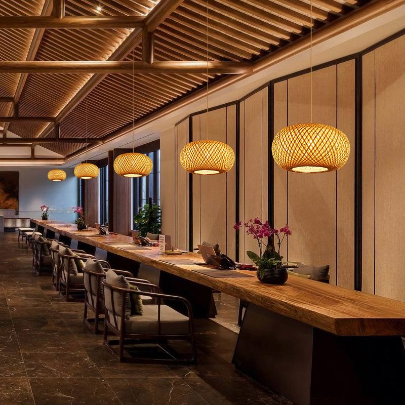 Curved Drum Ceiling Light Modern Bamboo Single Wood Hanging Pendant Light for Tea Room