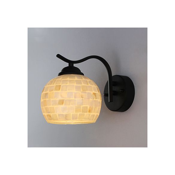 1 Head Sphere Wall Light Fixture Tiffany Beige/Beige-Red Stained Shell Sconce Lighting with Curved Arm