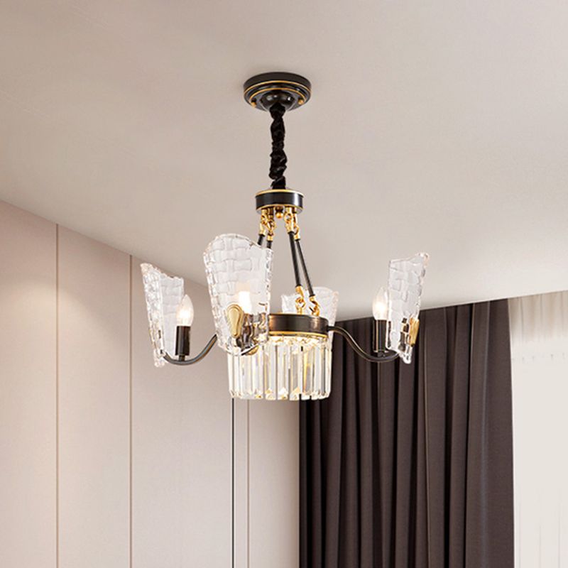 4 Bulbs Dining Room Pendulum Light Modern Black and Gold Finish Chandelier with Arced Panel Clear Crystal Shade