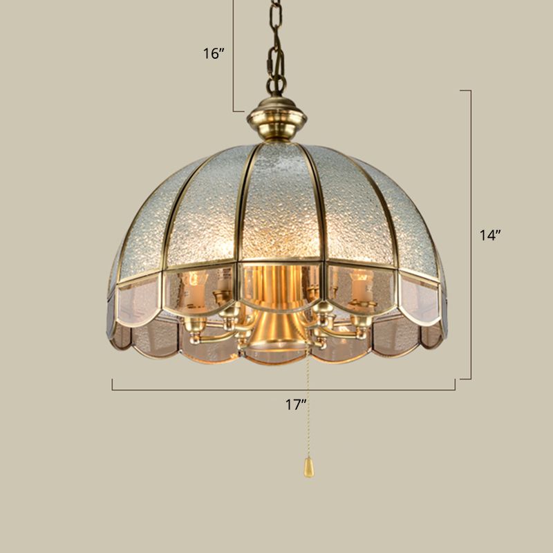 6 Bulbs Dome Chandelier Pendant Light Antique Brass Water Glass Hanging Light with Scalloped Trim