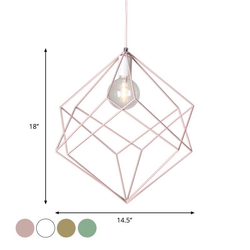1 Head Cube Cage Pendant Light Macaron Iron Undertint Hanging Lamp for Dining Table Hallway