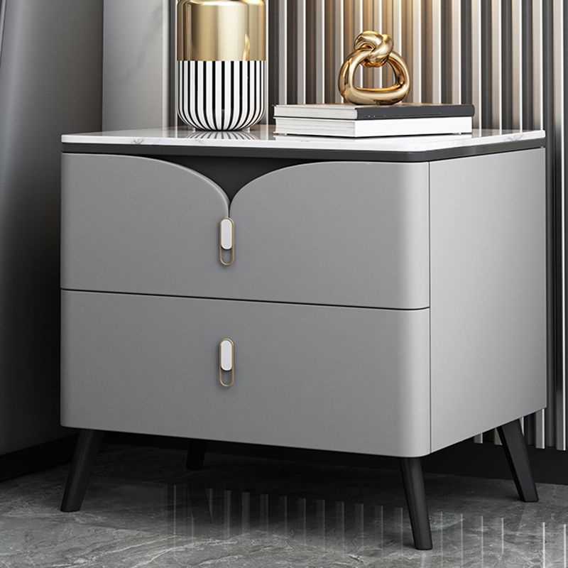 18 Inch H Night Table Modern Solid Wood 2-Drawer Stone Top Faux Leather Nightstand