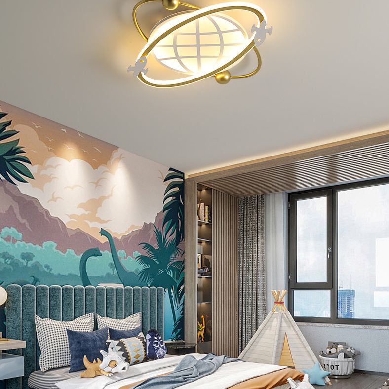 Childrens Orbit Flush Mount Ceiling Light Metal Bedroom LED Flush Light with Rocket Detail