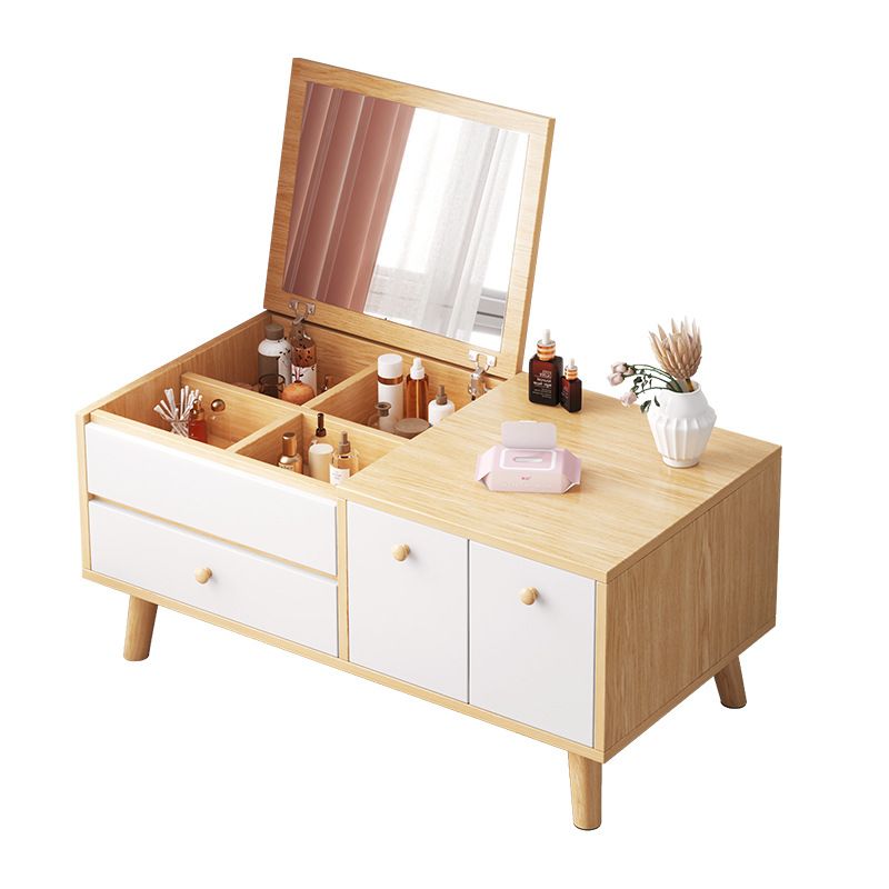 Contemporary Natural Bedroom Solid Wood Mirror With Drawer Makeup Vanity Set