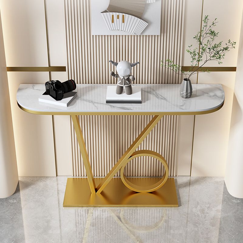 Stone Half Moon Top Console Table with Iron Pedestal Base Accent Table