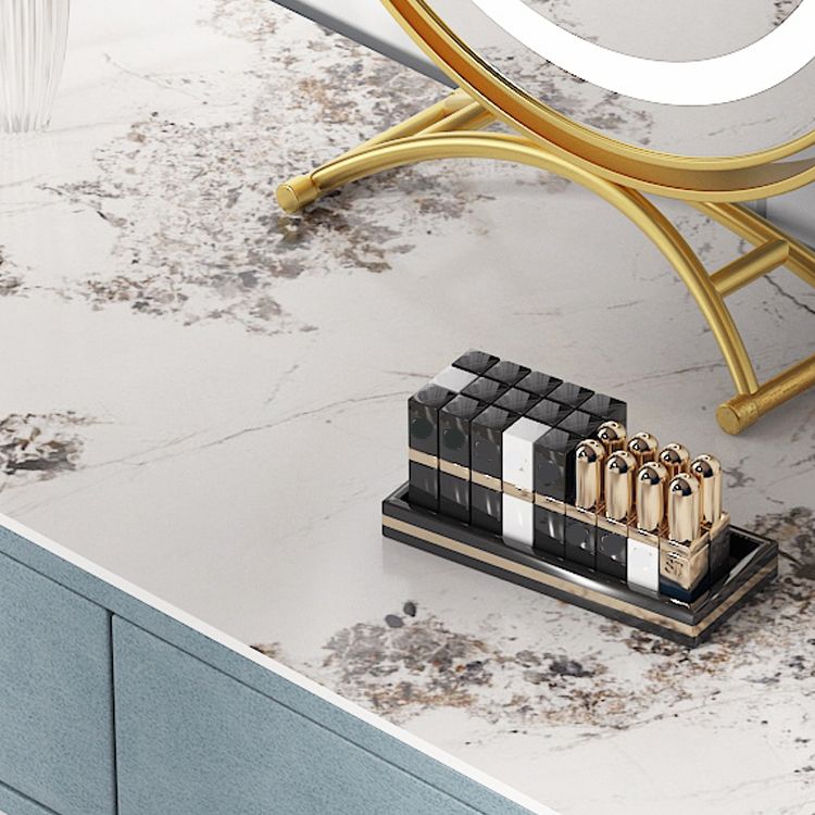 Faux Leather Makeup Dressing Table Stool Set Blue Makeup Vanity