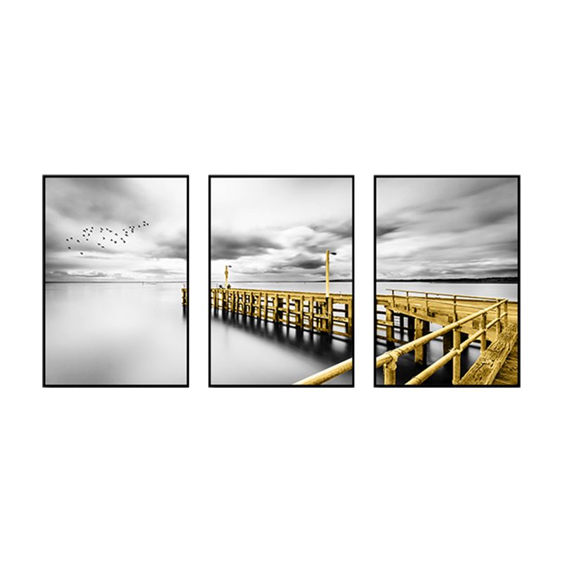 Photography Sea Bridge Wall Art Grey and Gold Modernism Canvas Print for Dining Room