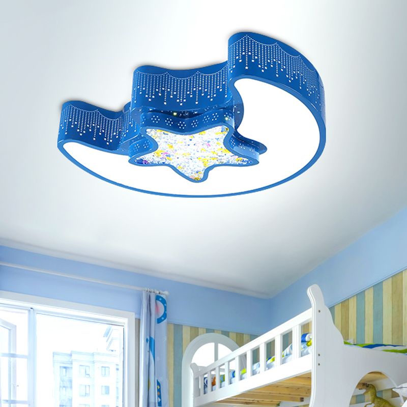 Kids Style Moon and Pentagram Ceiling Flush Acrylique Bedroom LED Flushmount Lighting with Starry Design for Bedroom in Blue / Pink / White