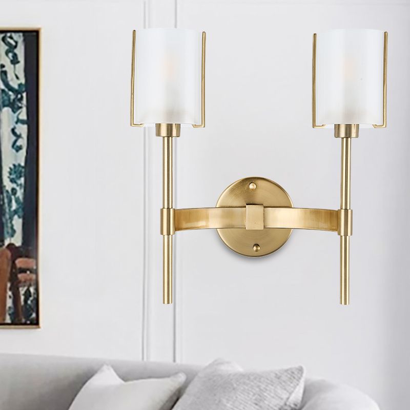Gold Armed Wall Lighting Modern 2 Bulbs Metal Sconce Light Fixture with White Glass Shade