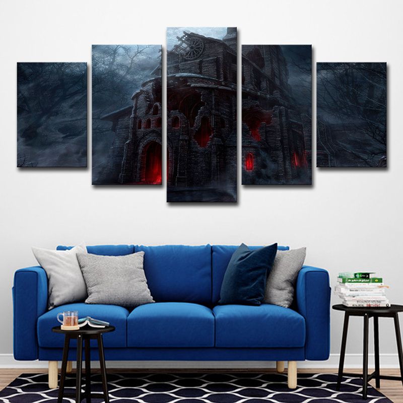 Dreary Night Castle Canvas Art House Interior Halloween Wall Decoration in Black