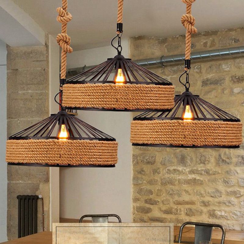 Vintage zwart Mongoolse yurt plafondlicht hennep touw 1 lichte restaurant hangende hanglampverlichting