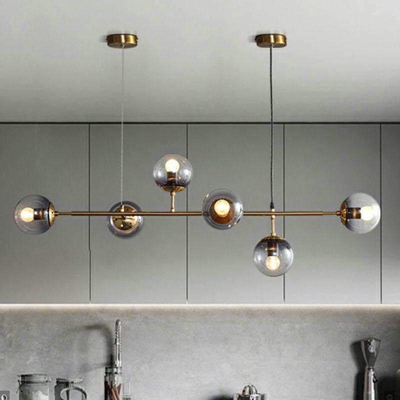 Ball Smoke Grey Glass Island Pendant Light Nordic 6 Bulbs Brass Finish Hanging Light for Restaurant