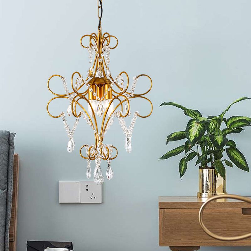 Gold Bent Arm Frame Chandelier Light Modern 3 Lights Iron Hanging Ceiling Light with Glass Strand
