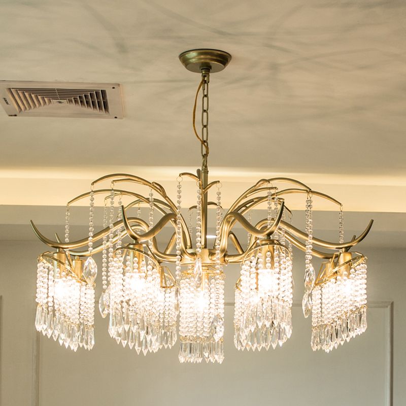 French Style Gold Chandelier Light with Clear Crystal Drops Metal Multi Light Pendant Light for Living Room