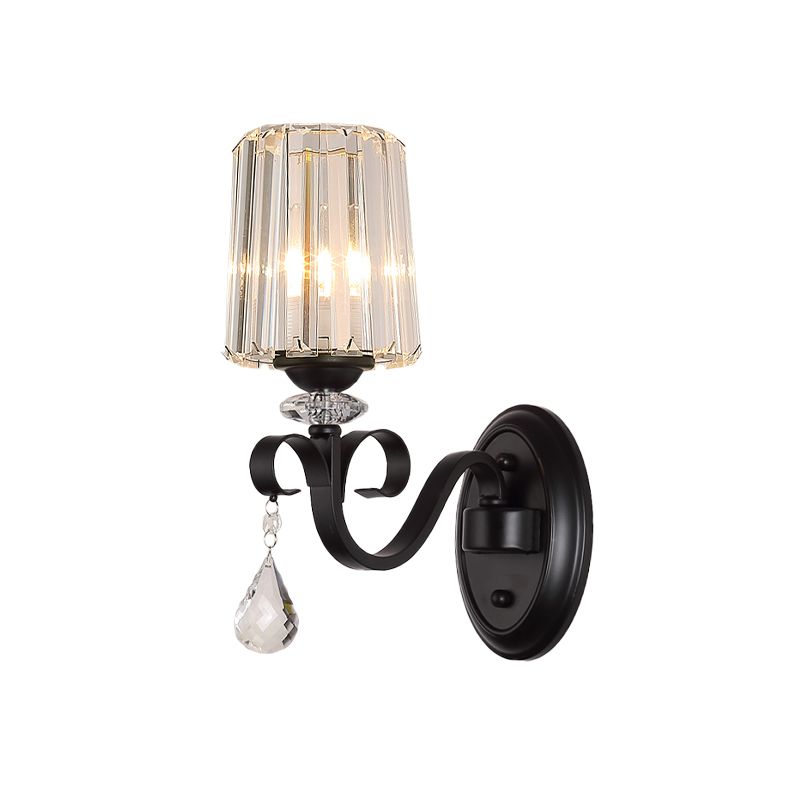 1/2-Light Clear Prismatic Crystal Sconce Modern Black Cylinder Living Room Wall Mount Lamp