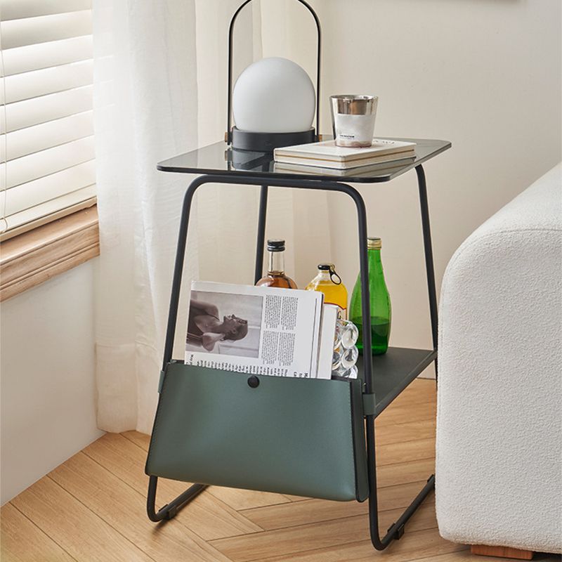 Metal Sled End Table Glass Top Side Sofa Side Accent Table with Shelf