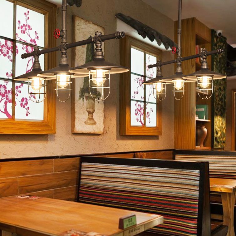 Coastal Caged Island Light Metal 3-Light lineaire hanger met pijp over het eiland