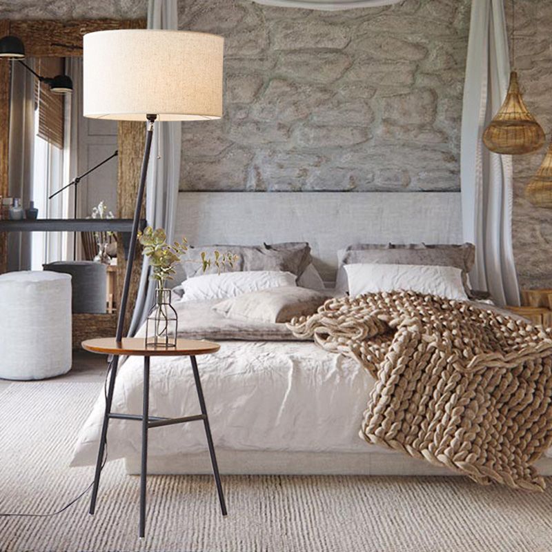 Drum Shaped Fabric Stand Up Lamp Classic 1��Head Living Room Floor Lighting with Tripod Tray