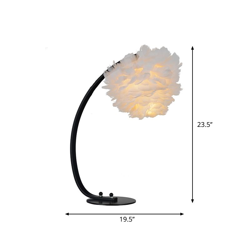 Dome/Tapered Shade Table Light Modern Feather Single Black/Pink/Cream Night Stand Lamp with Teardrop/Curved Rod/Tripod Base