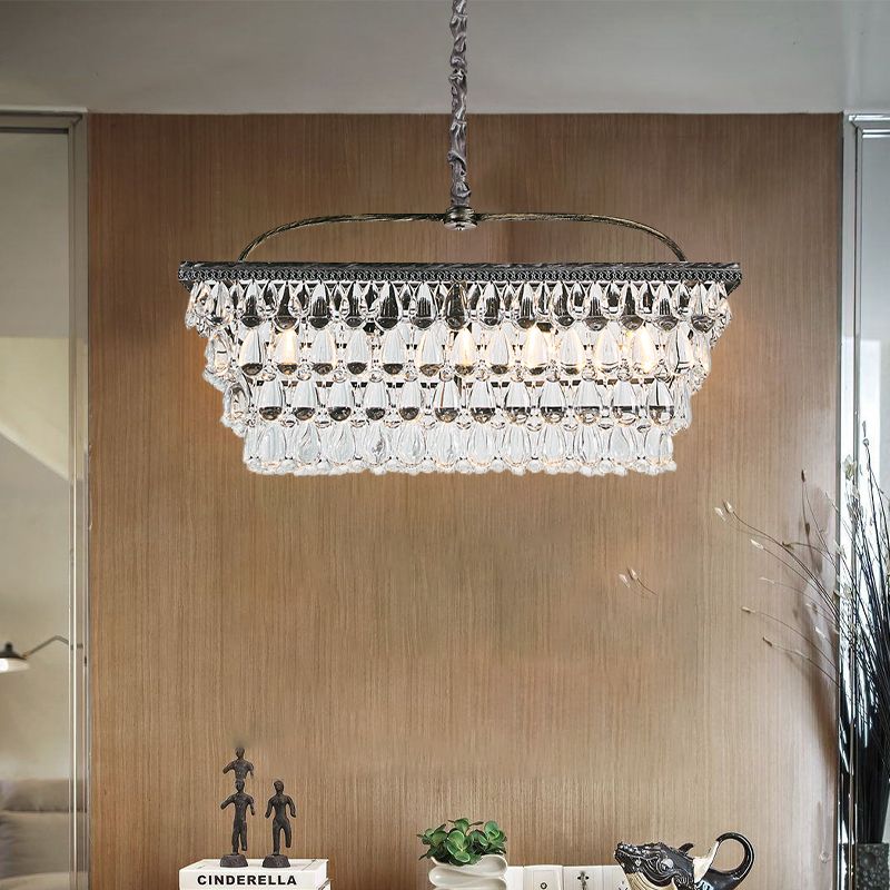 Silver Rectangle Hanging Ceiling Light Modernism Teardrop Crystal 4/6 Heads Living Room Island Light