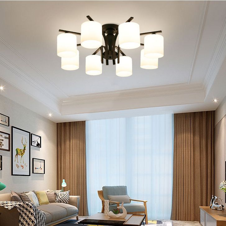 Frosted Glass Cylinder Shade Ceiling Light Wrought Iron Living Room Traditional Style Semi Flushmount Light in Black