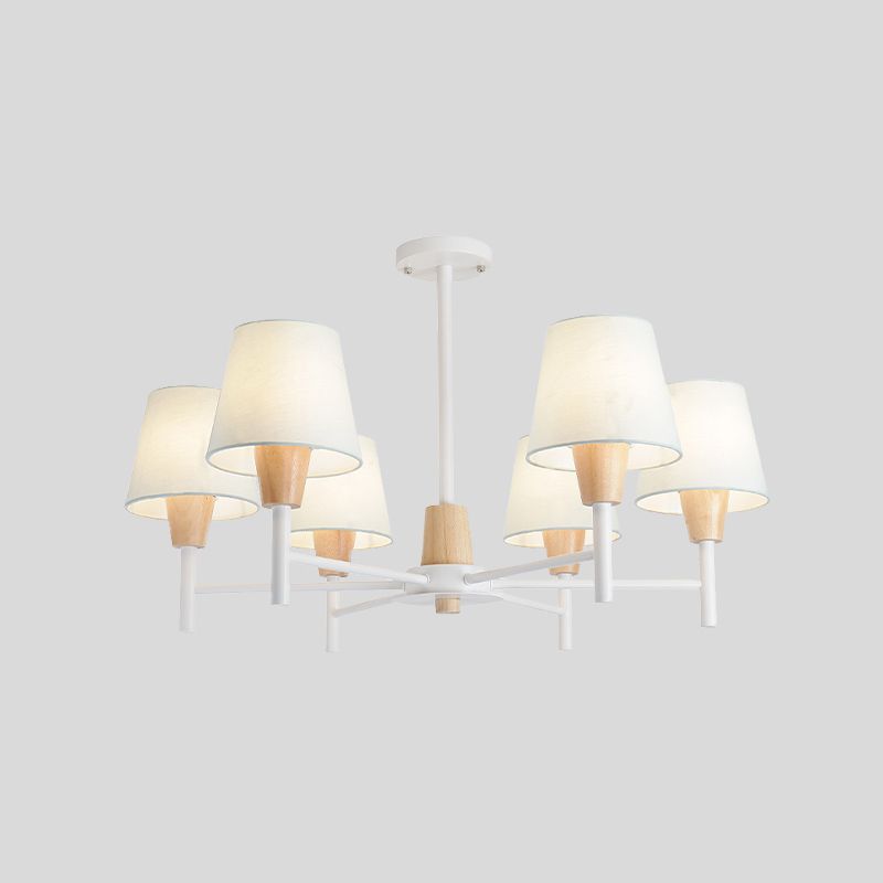 Nordic 6 Lights Semi Flush White-Wood Tapered Ceiling Mount Chandelier with Fabric Lampshade