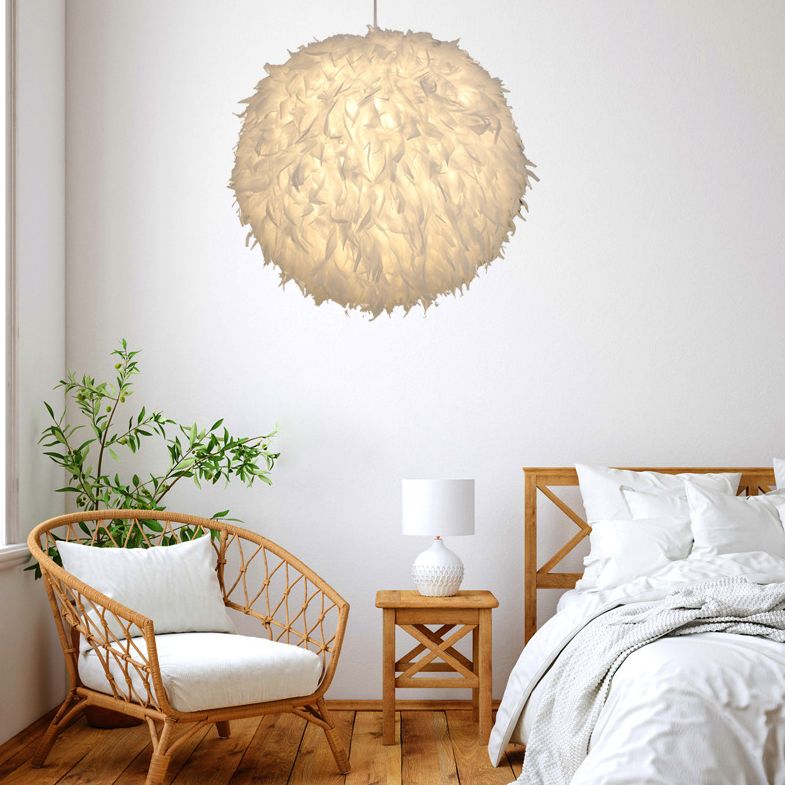 Modern Style Pendant Lighting Fixture White Globe Hanging Lamp with Feather Shade