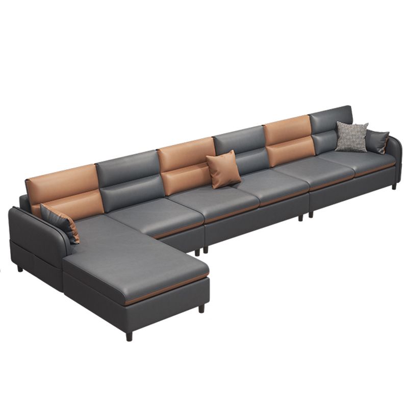 Stain Resistan Faux Leather Square Arm Sectional with Pillowed Back Cushions for Apartment