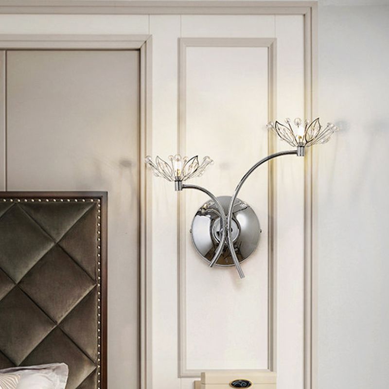 Chrome Flower Wall Mounted Lamp Modern Iron 2 Bulbs Bedside Sconce with Crystal Stamen