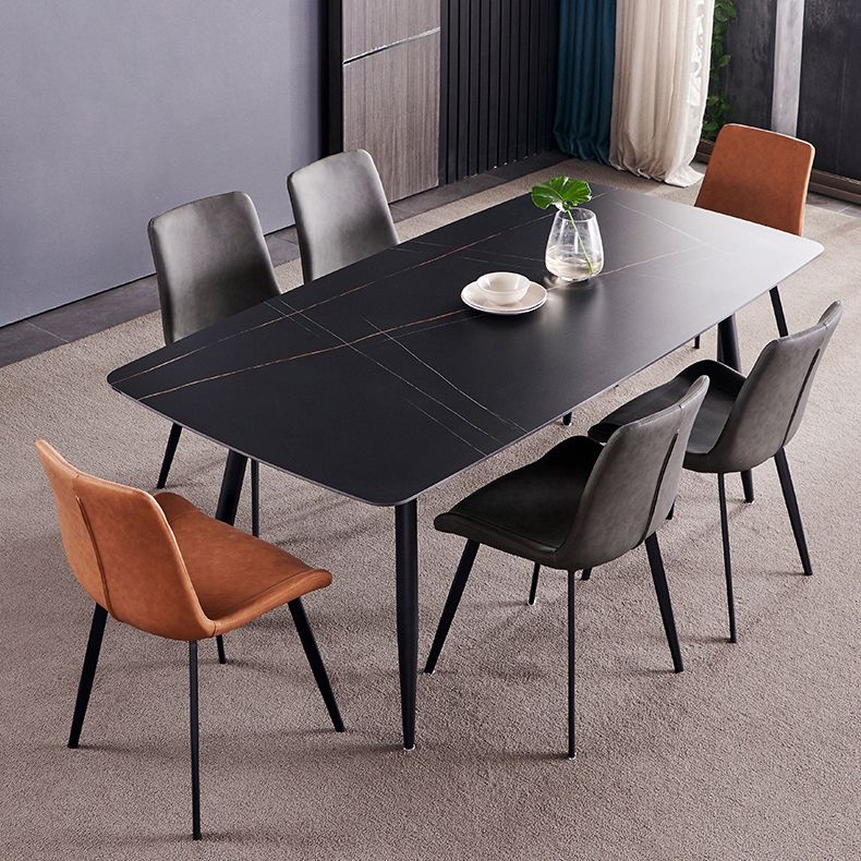 Fixed Minimalist Sintered Stone Top Kitchen Table Set with 4 Black Legs Base for Dining Room