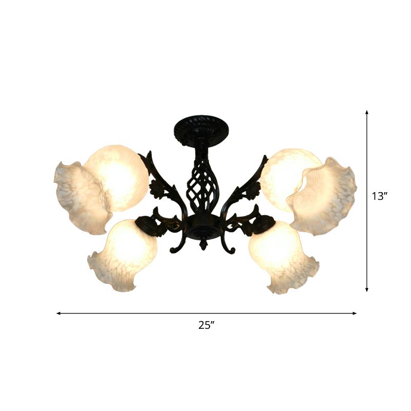 Vintage Blossom Semi-Flush Light 4 Bulbos Candelera de rasgador de vidrio de ópalo en negro para sala de estudio