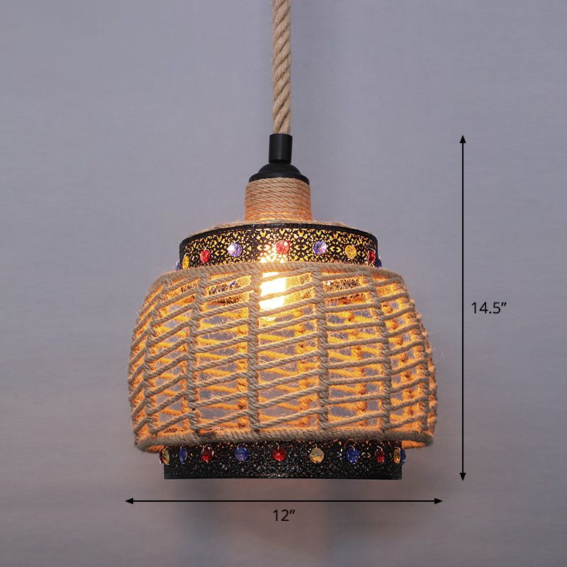 Single Cage Shade Pendulum Light Country Style Wood Rope Suspension Light for Restaurant