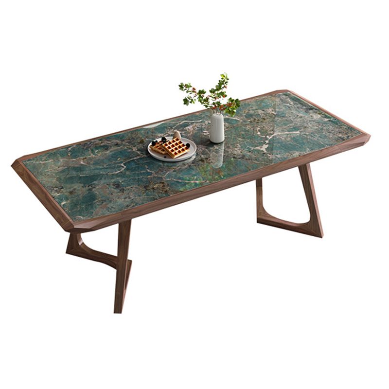 Modern Brown Finish Legs Dining Site Table Stone Top Double Pedestal Table