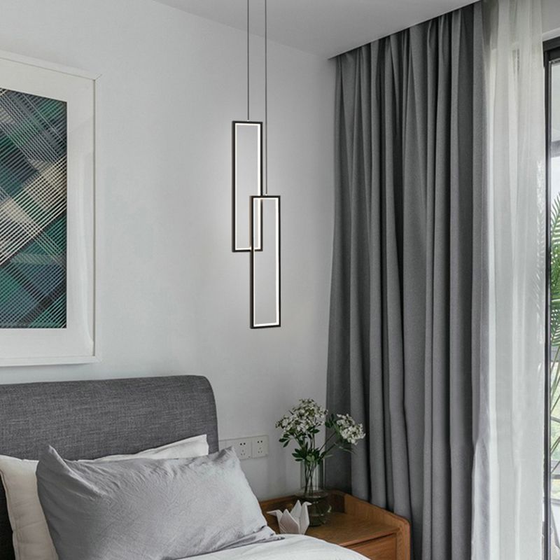 Rectangular LED Pendant Light Minimalist Metal 2-Light Bedside Hanging Light in Black