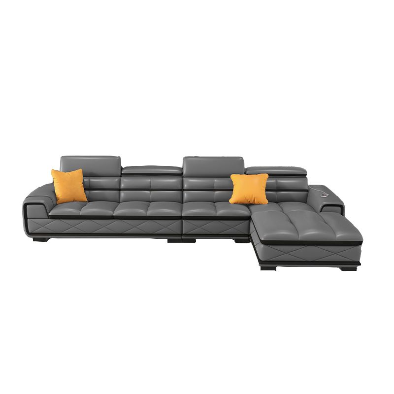 Contemporary Cloud Gray Square Arm Stationary Genuine Leather Sofa