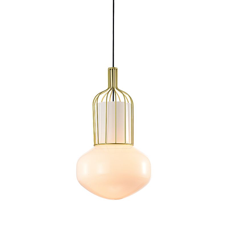Gold Schoolhouse Pendant Light Fixture Modernist 1 Bulb White Glass Ceiling Lamp with Cage