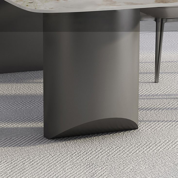 White Stone Top Dining Table Rectangular Tabletop with Metal Double Pedestal Base