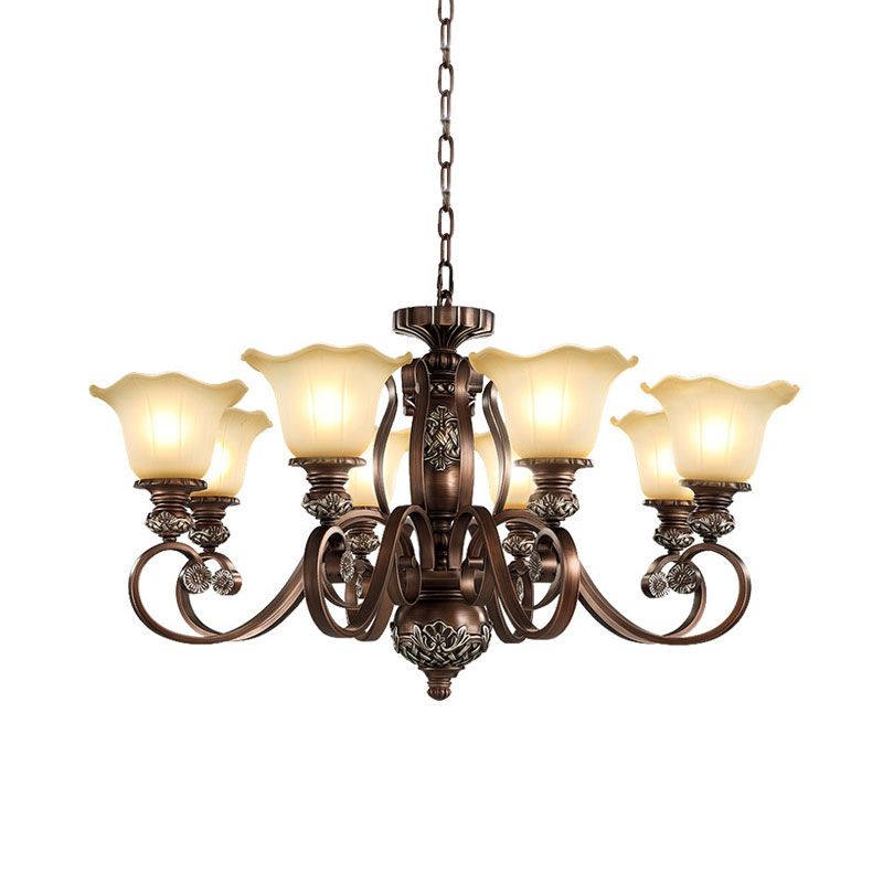 Platteland bloei hanger kroonluchter 8 lampen opaline glashangende lamp met gechrolde arm in brons voor woonkamer