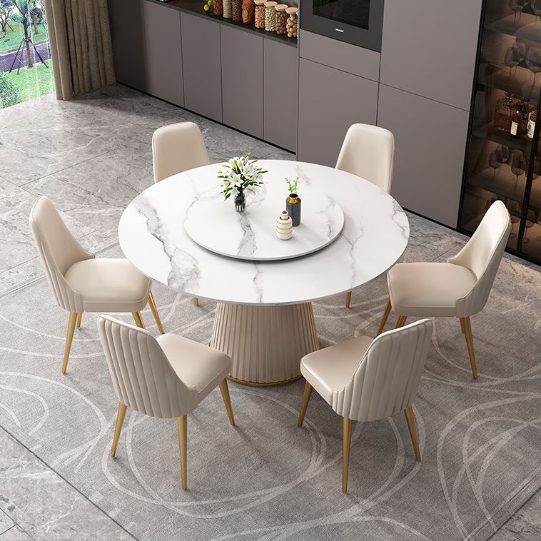 Scandinavian Sintered Stone Table Set of 5/7 with White Round Table Dining Set with Leather Chairs