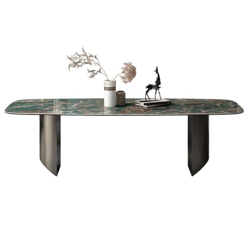 Sintered Stone Modern Rectangle Dining Table Green Stone Top Table with Metal Double Pedestal