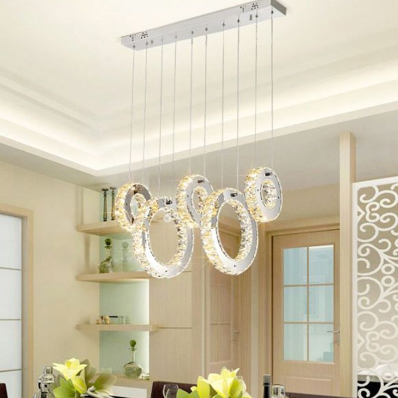 Hoop Crystal Multi Pendant Light Minimalist LED Chrome Hanging Ceiling Lamp in White/Warm Light