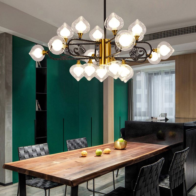 Black-Gold Peach Shaped Chandelier Postmodern 18-Bulb Clear and Frosted Glass Pendant