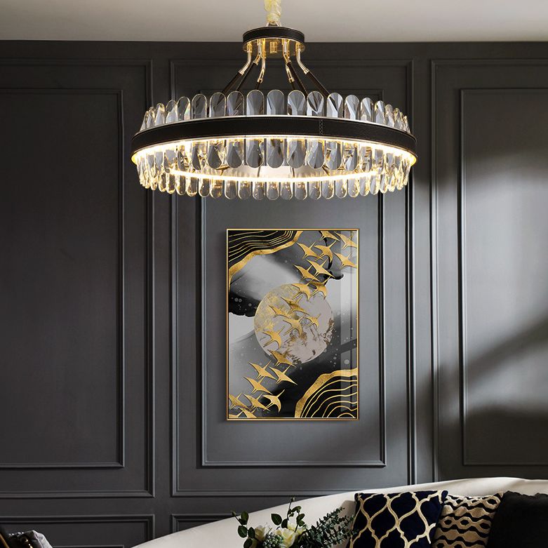 Minimalistische kreisförmige LED-LED-Kristallkristall Wohnzimmer Decke Anhänger Licht in Schwarzgold