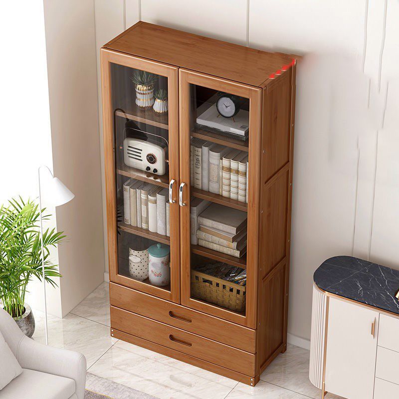 Manufactured Wood Standard Bookshelf Brown Vertical Bookcase with Door and Drawer