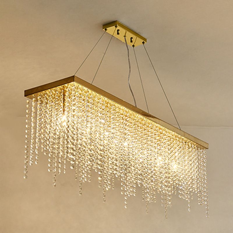 Rectangle Crystal Tassel Island Light Contemporary Style Lighting Fixture in Gold for Dining Room